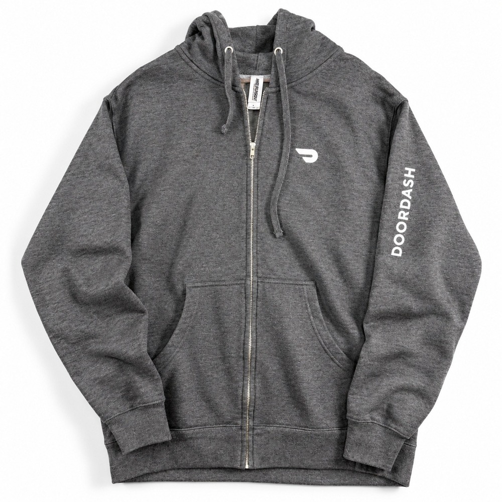 DoorDash Mens Gray Full Zip Hoodie Logo Delivery Driver Sweatshirt Size L